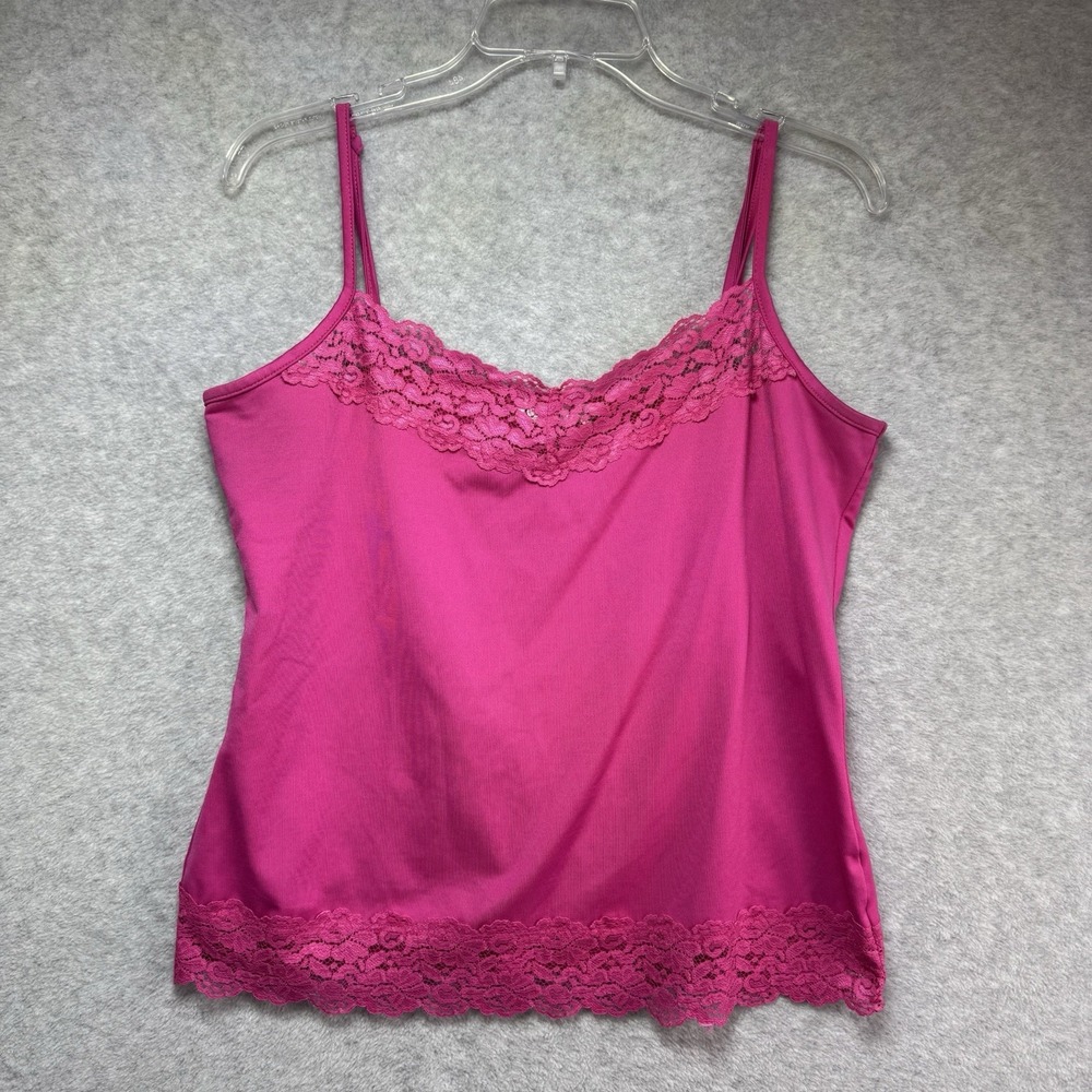 Vintage 90's Y2K Babydoll Cami Top Large Lace Trim Hot Pink 2000s Coquette CATO